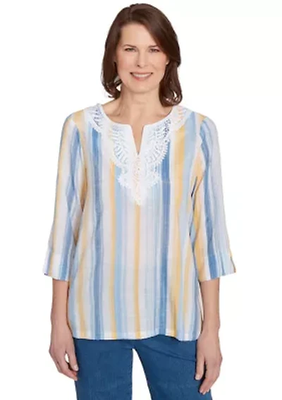 Petite Flower Power Stripe Shirt with Lace Neck