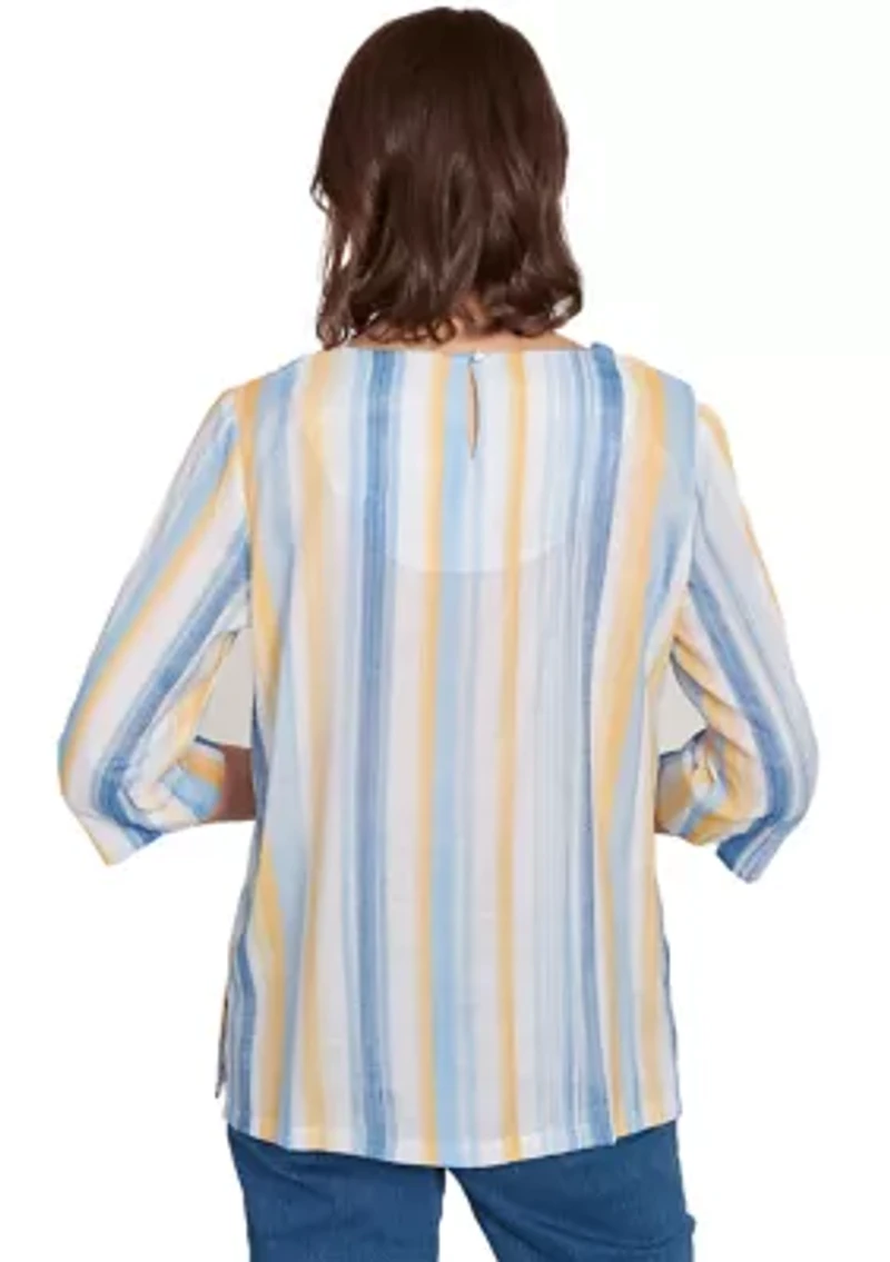 Petite Flower Power Stripe Shirt with Lace Neck