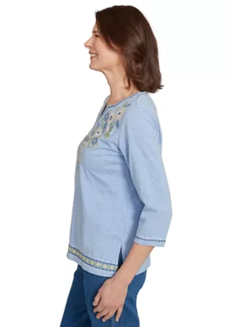 Petite Flower Power Embroidered Daisy Yoke Top