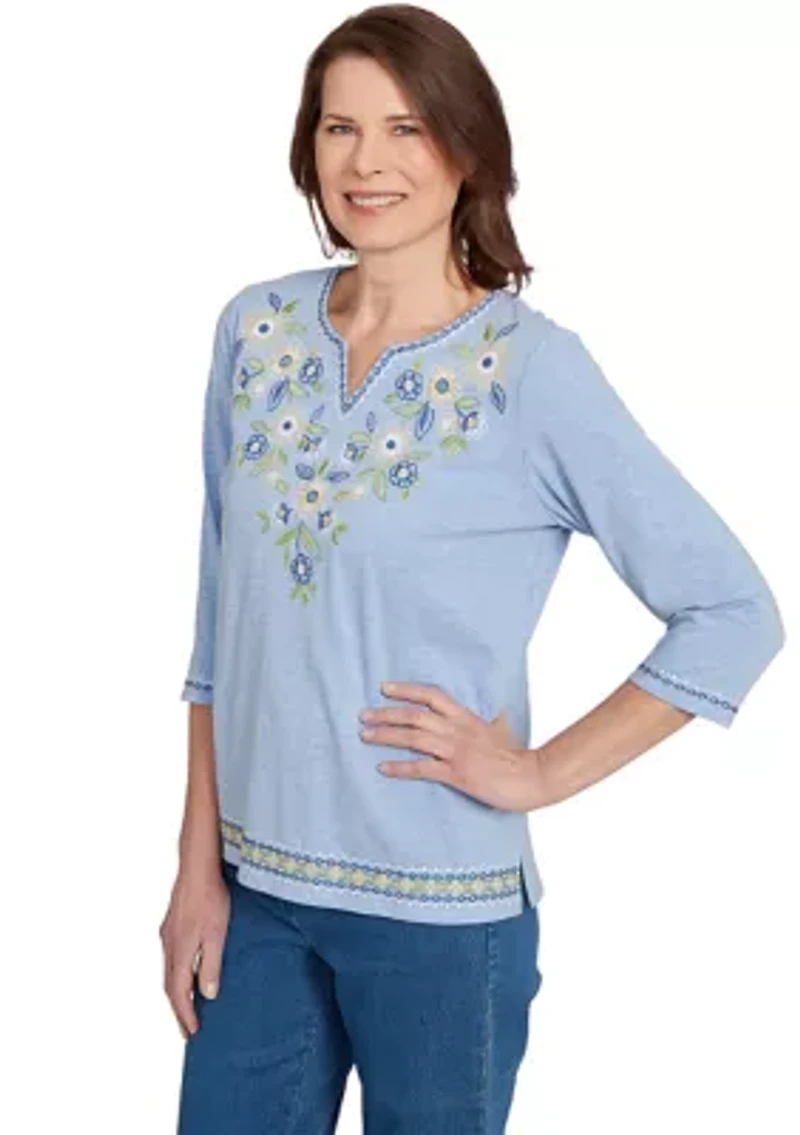 Petite Flower Power Embroidered Daisy Yoke Top