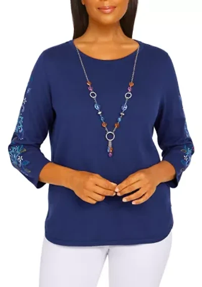 Petite Lake Placid Embroidered Sweater With Detachable Necklace