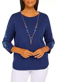 Petite Lake Placid Embroidered Sweater With Detachable Necklace