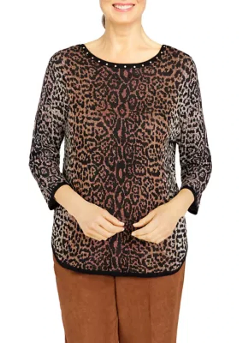 Petite Madacascar Animal Jacquard 3/4 Sleeve Sweater