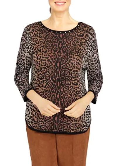 Petite Madacascar Animal Jacquard 3/4 Sleeve Sweater