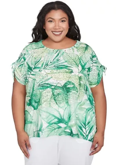 Plus Rise and Shine Monotone Tropical Leaves Printed Top
