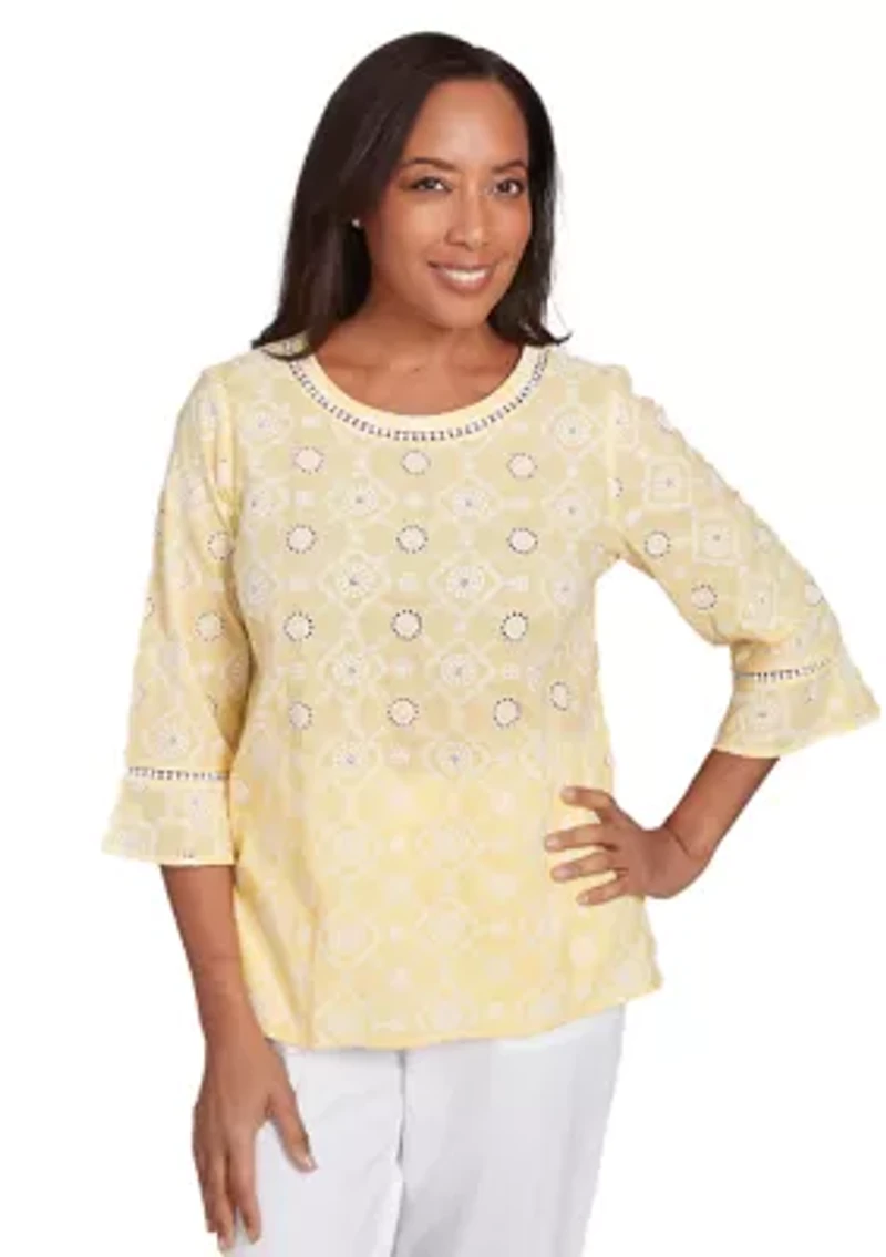 Petite Rise and Shine Flower Embroidered Eyelet Top