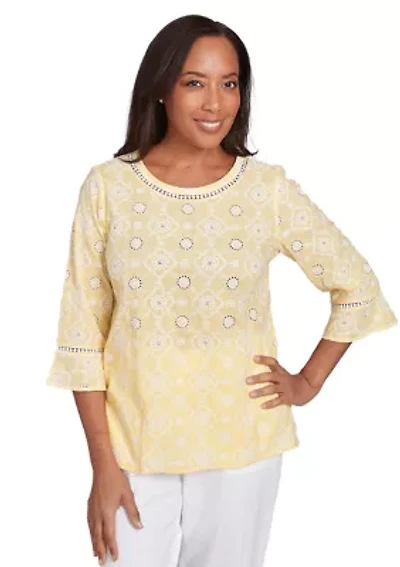 Petite Rise and Shine Flower Embroidered Eyelet Top