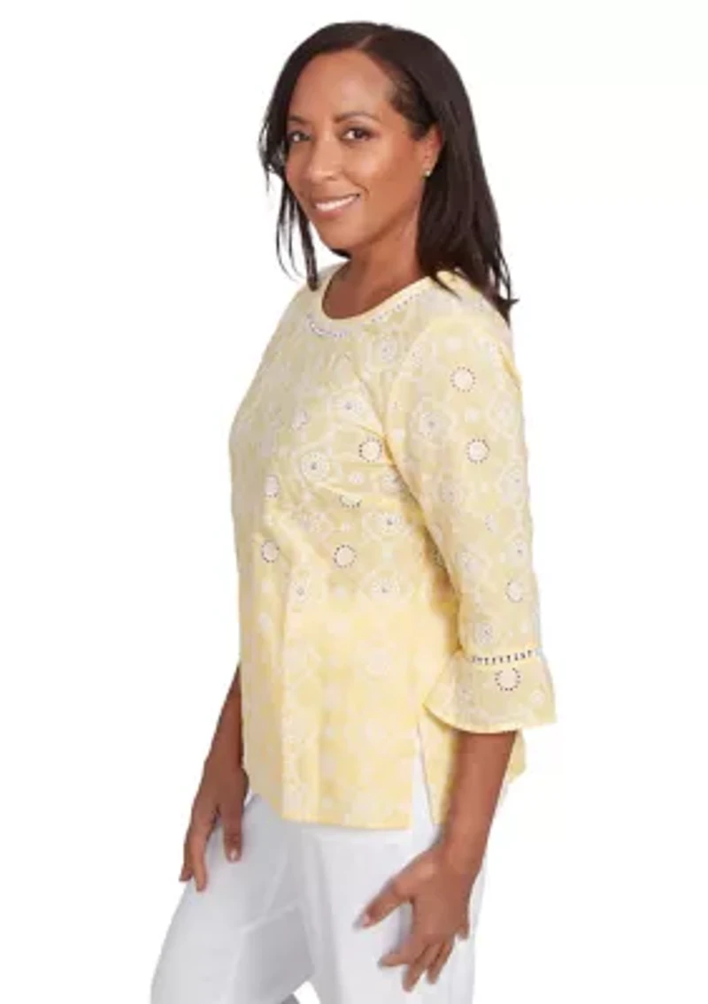 Petite Rise and Shine Flower Embroidered Eyelet Top