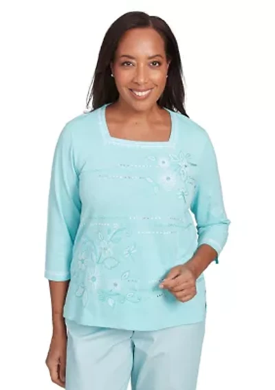 Petite St. Thomas Dragonfly Floral Asymmetric Embroidery Top