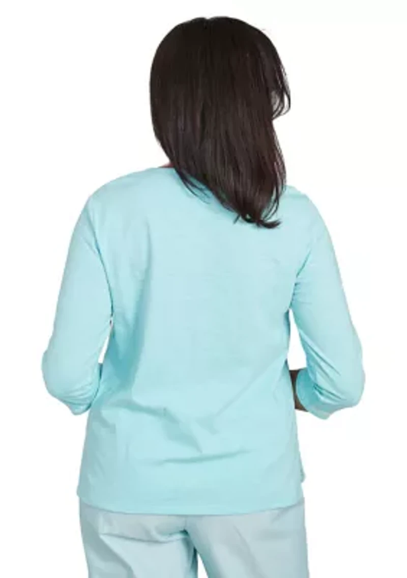 Petite St. Thomas Dragonfly Floral Asymmetric Embroidery Top