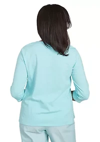 Petite St. Thomas Dragonfly Floral Asymmetric Embroidery Top