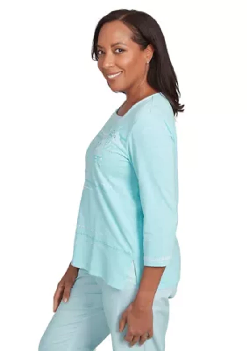 Petite St. Thomas Dragonfly Floral Asymmetric Embroidery Top