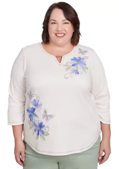 Plus Santa Fe Asymmetric Floral Embroidery Top