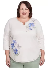 Plus Santa Fe Asymmetric Floral Embroidery Top