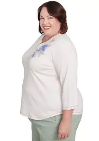 Plus Santa Fe Asymmetric Floral Embroidery Top