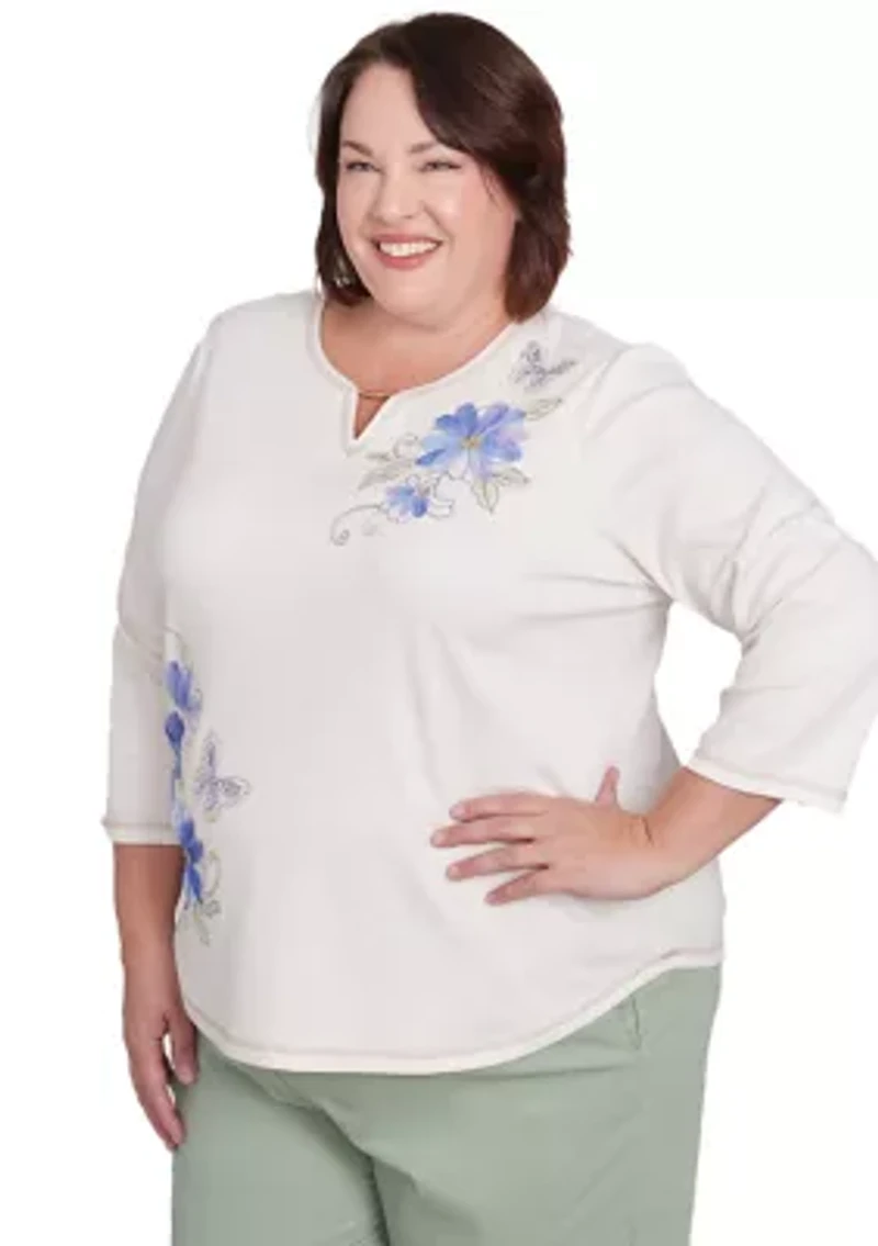 Plus Santa Fe Asymmetric Floral Embroidery Top