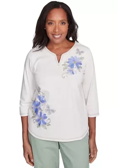 Petite Santa Fe Asymmetric Floral Embroidery Top