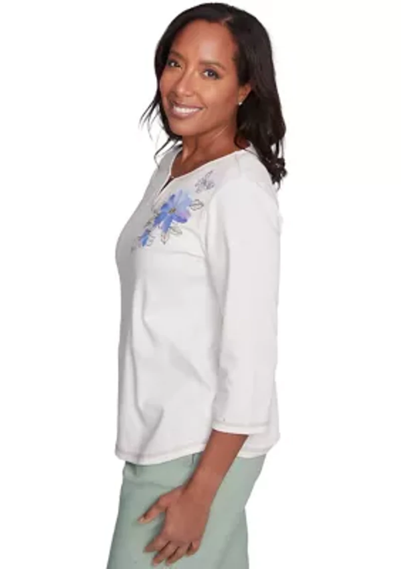 Petite Santa Fe Asymmetric Floral Embroidery Top