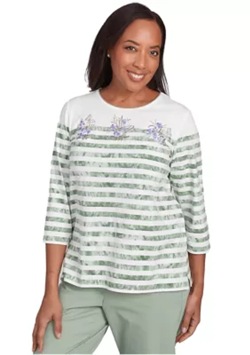 Petite Santa Fe Tie Dye Stripe Embroidery Top
