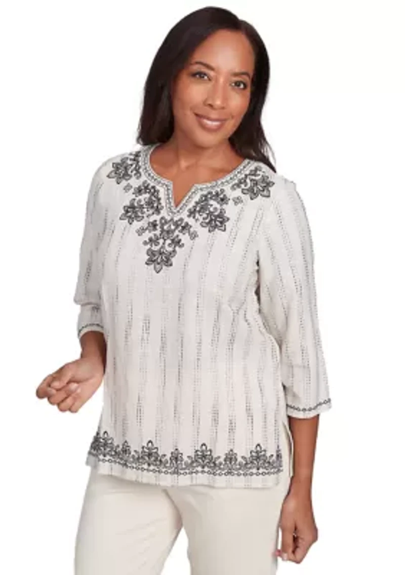Petite Natural Instinct Texture Top with Medallion Embroidery