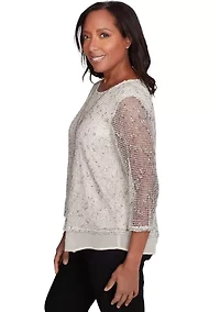 Petite Natural Instinct Popcorn Mesh Top with Woven Trim