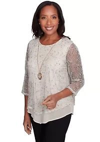 Petite Natural Instinct Popcorn Mesh Top with Woven Trim