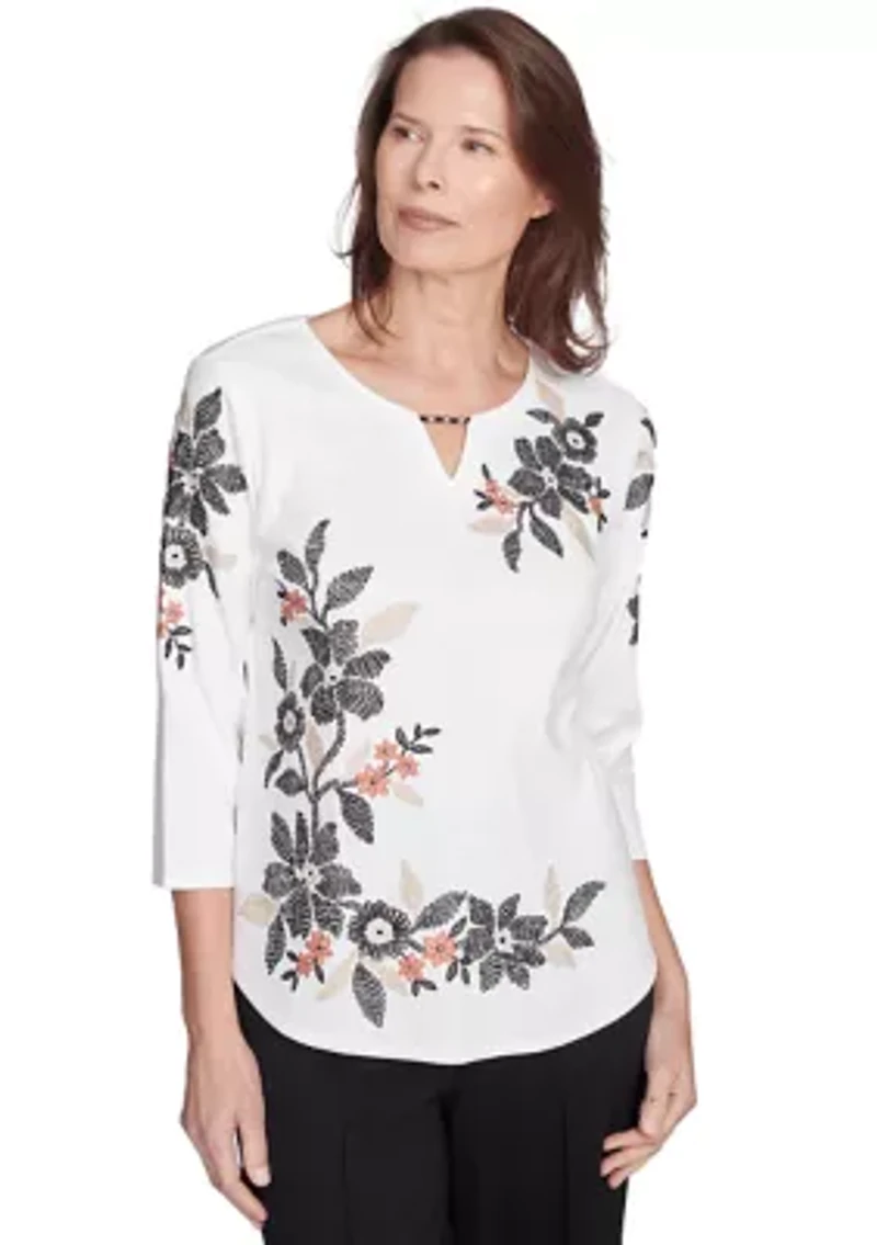 Petite Natural Instinct Floral Texture Top with Asymmetric Embroidery