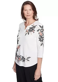 Petite Natural Instinct Floral Texture Top with Asymmetric Embroidery