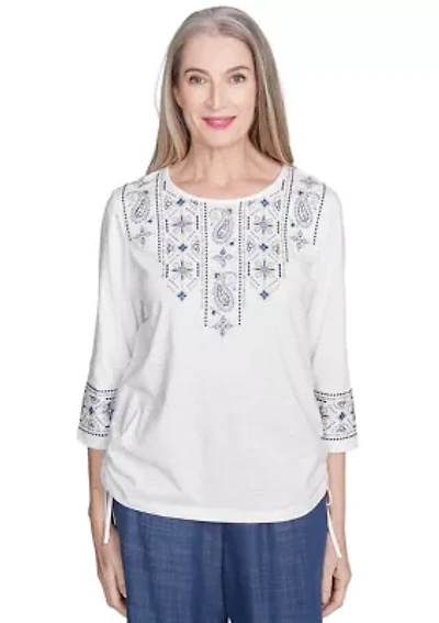 Petite Summer Solstice Embroidered Linear Yoke Top