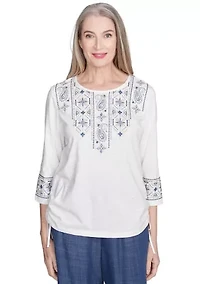 Petite Summer Solstice Embroidered Linear Yoke Top