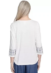 Petite Summer Solstice Embroidered Linear Yoke Top
