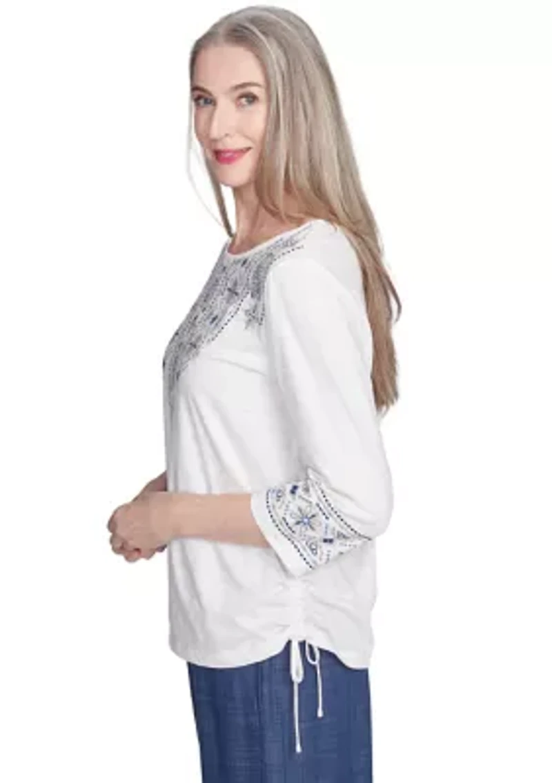 Petite Summer Solstice Embroidered Linear Yoke Top