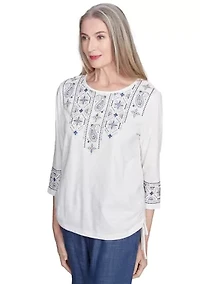 Petite Summer Solstice Embroidered Linear Yoke Top