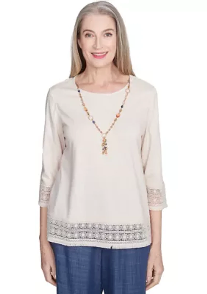 Petite Summer Solstice Lace Trimmed Top with Necklace