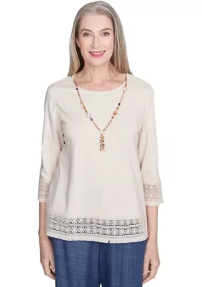 Petite Summer Solstice Lace Trimmed Top with Necklace