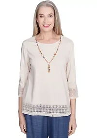 Petite Summer Solstice Lace Trimmed Top with Necklace