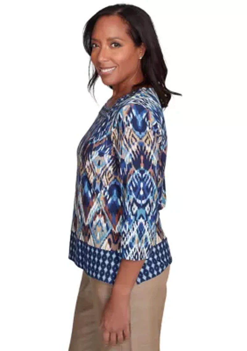 Petite Summer Solstice Ikat Diamond Border Top