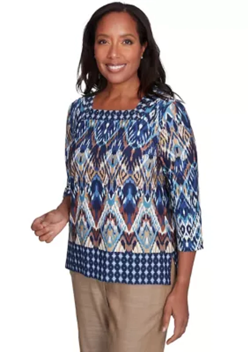 Petite Summer Solstice Ikat Diamond Border Top