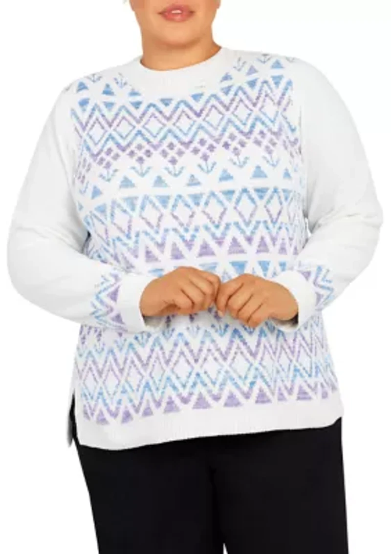 Plus Victoria Falls Mock Neck 3/4 Sleeve Fair Isle Chenille Sweater