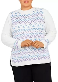 Plus Victoria Falls Mock Neck 3/4 Sleeve Fair Isle Chenille Sweater