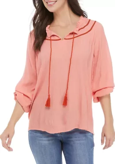 Women's Balloon Sleeve Tie Neck Peasant Top