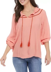Women's Balloon Sleeve Tie Neck Peasant Top