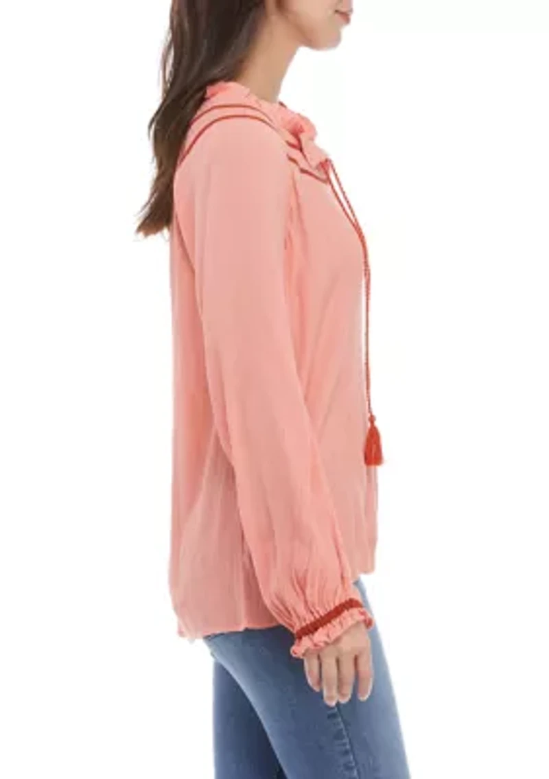 Women's Balloon Sleeve Tie Neck Peasant Top