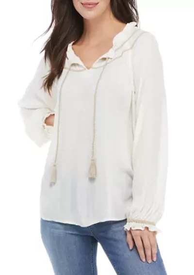 Petite Balloon Sleeve Tie Neck Peasant Top