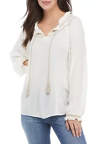 Petite Balloon Sleeve Tie Neck Peasant Top