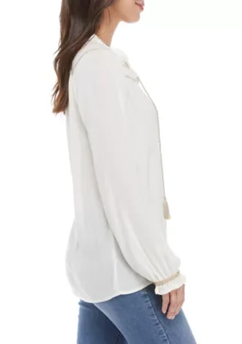 Petite Balloon Sleeve Tie Neck Peasant Top