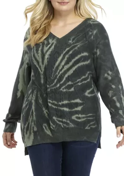 Plus Drop Shoulder Tie Dye Cable Knit Sweater