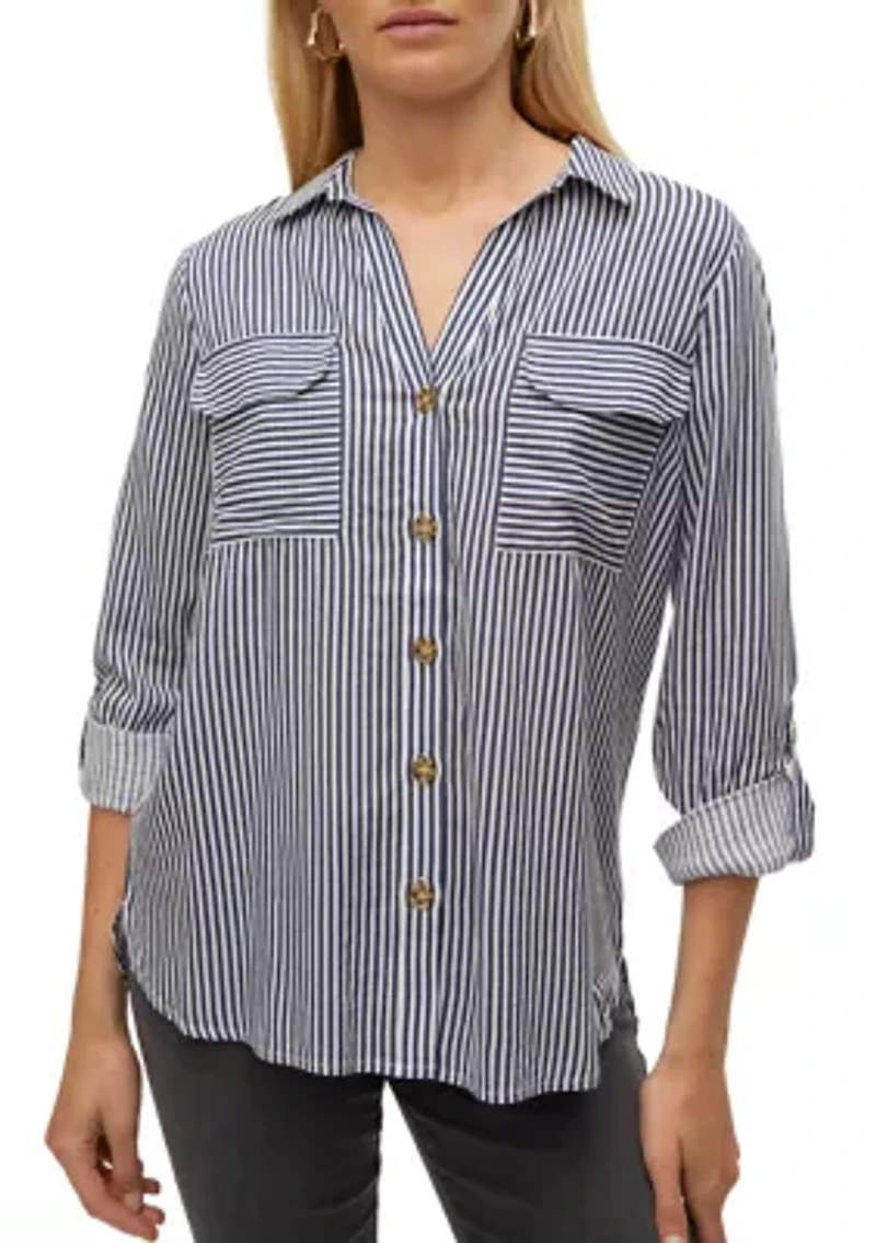 Women's Striped Long Roll-Tab Sleeve Shirt