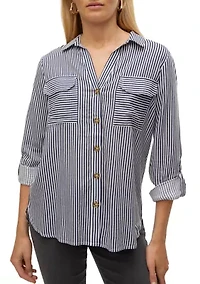 Women's Striped Long Roll-Tab Sleeve Shirt