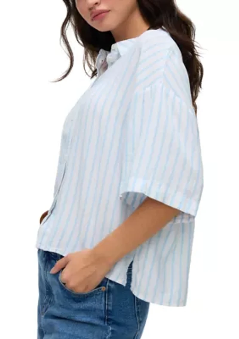 Women's Elbow Sleeve Striped Button Down Shirt